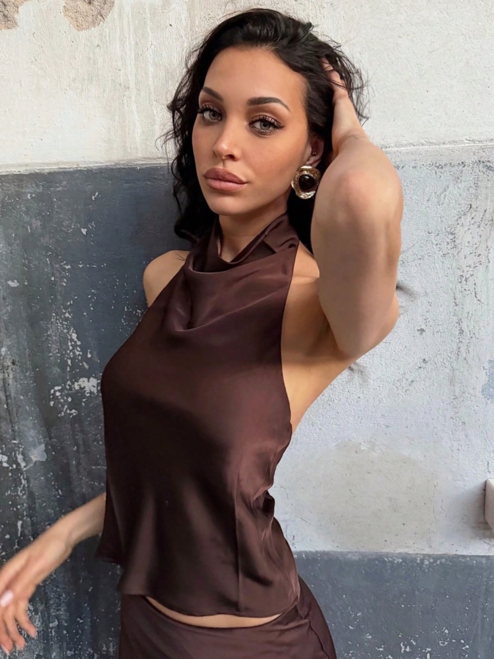 Brown Satin Cowl Halter Draped Neck Low Back Blouse Top - Picture 7 of 12